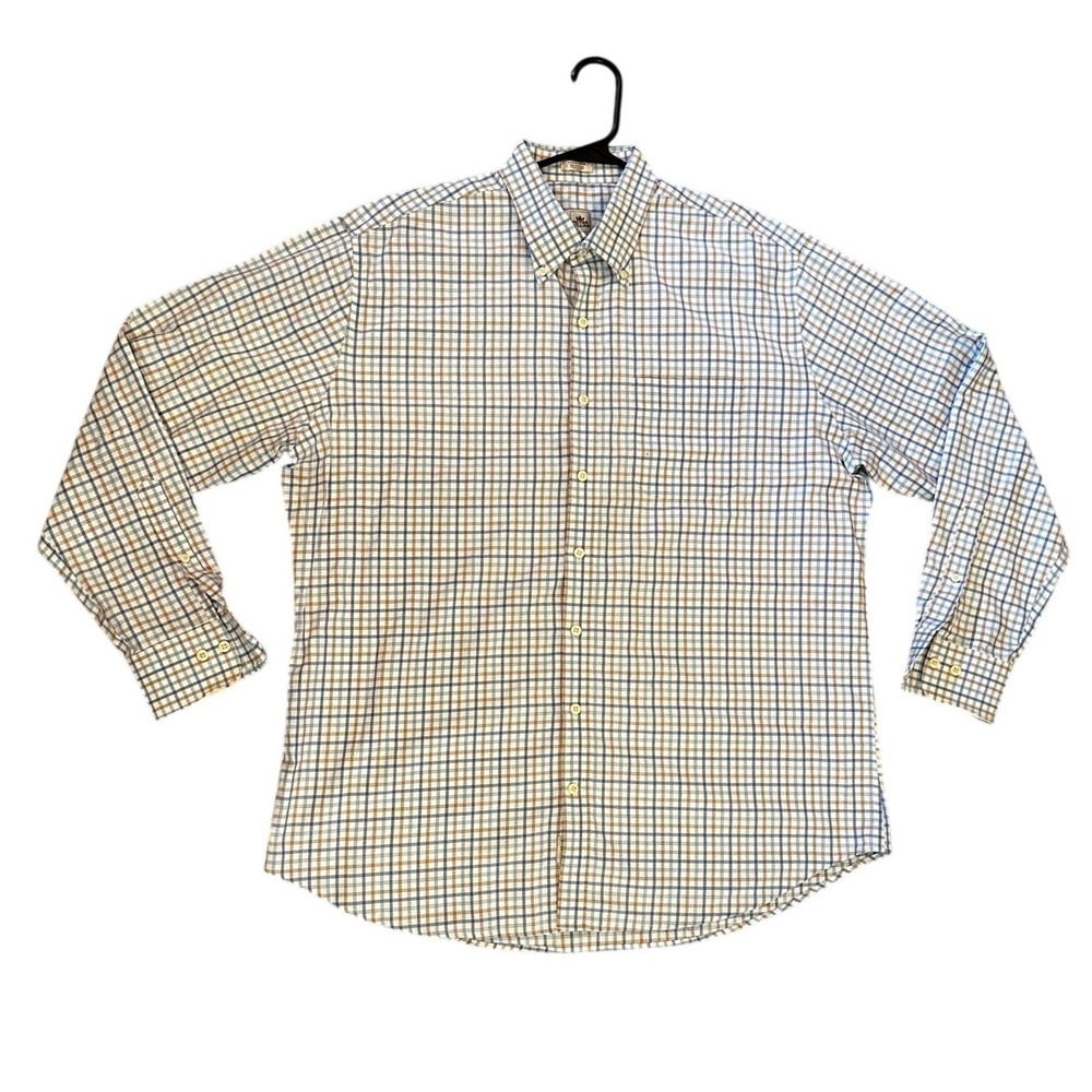 Peter Millar Nanoluxe Blue Tan Check Button Down Cotton Shirt Mens XL